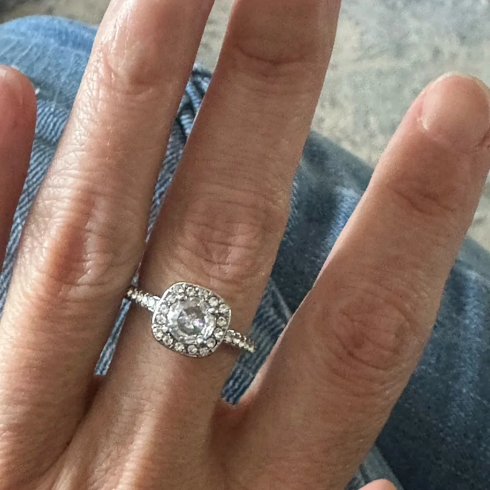 White Gold Plated Silver Pave Princess Cubic Zirconia Engagement